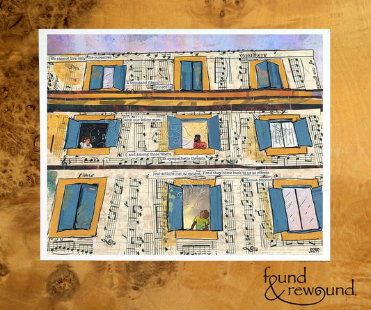 8x10 Art print of a Paper Collage of neighbors connecting on their balconies, pandemic art, sheet music, balcony, singing - Wall Art