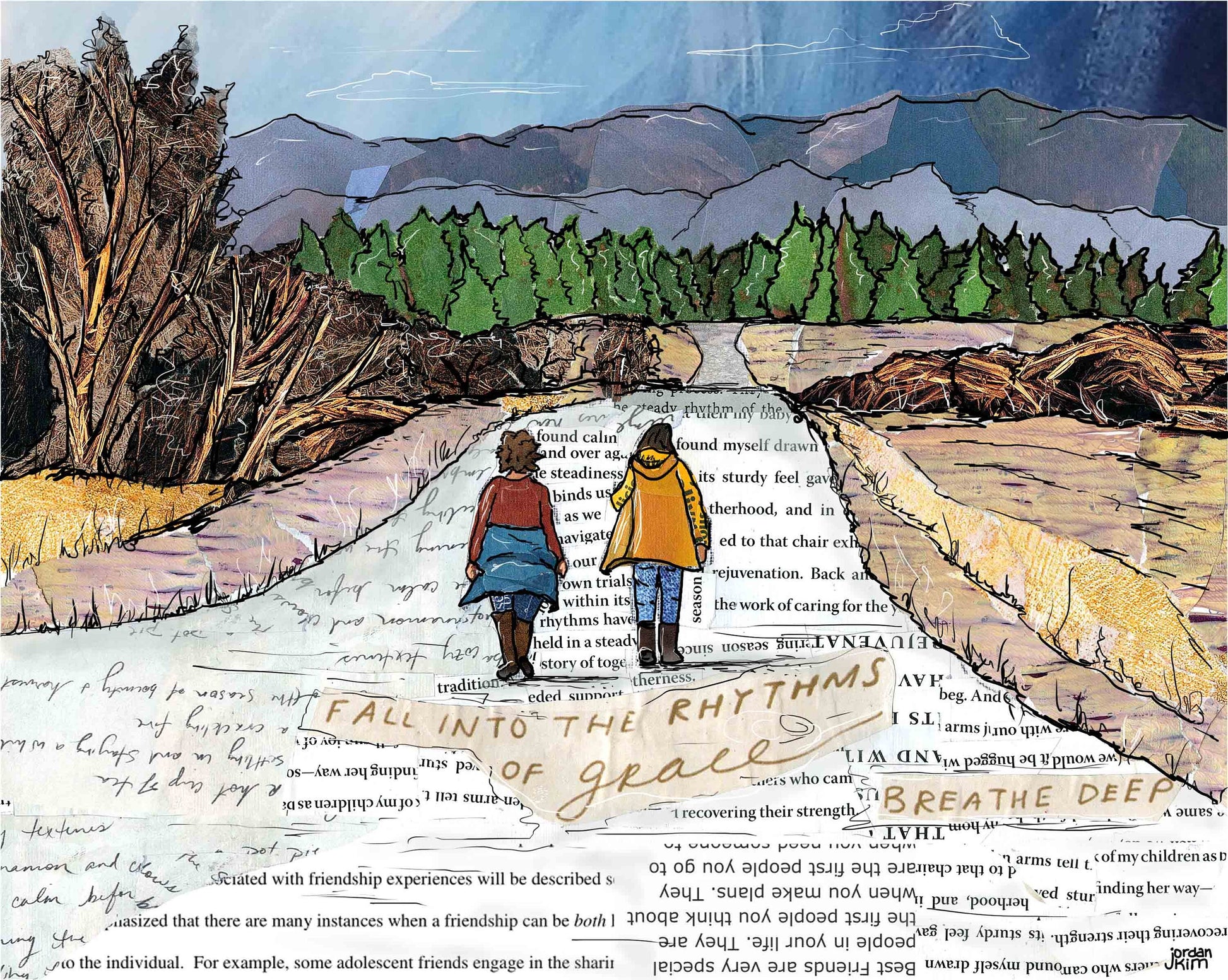 Greeting Card of a Paper Collage of friends walking on a country road, pandemic art, connection, friendship, nature, walk - Blank Inside