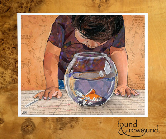 8x10 Art print of a Paper Collage of a little boy looking into a fish bowl, goldfish, childhood, pandemic art, connection - Wall Art