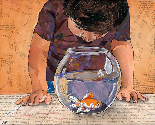 8x10 Art print of a Paper Collage of a little boy looking into a fish bowl, goldfish, childhood, pandemic art, connection - Wall Art