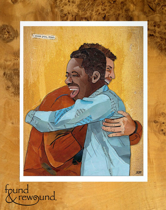 8x10 Art print of a Paper Collage of two men hugging and laughing, friends, friendship, hug, pandemic art, connection -Wall Art