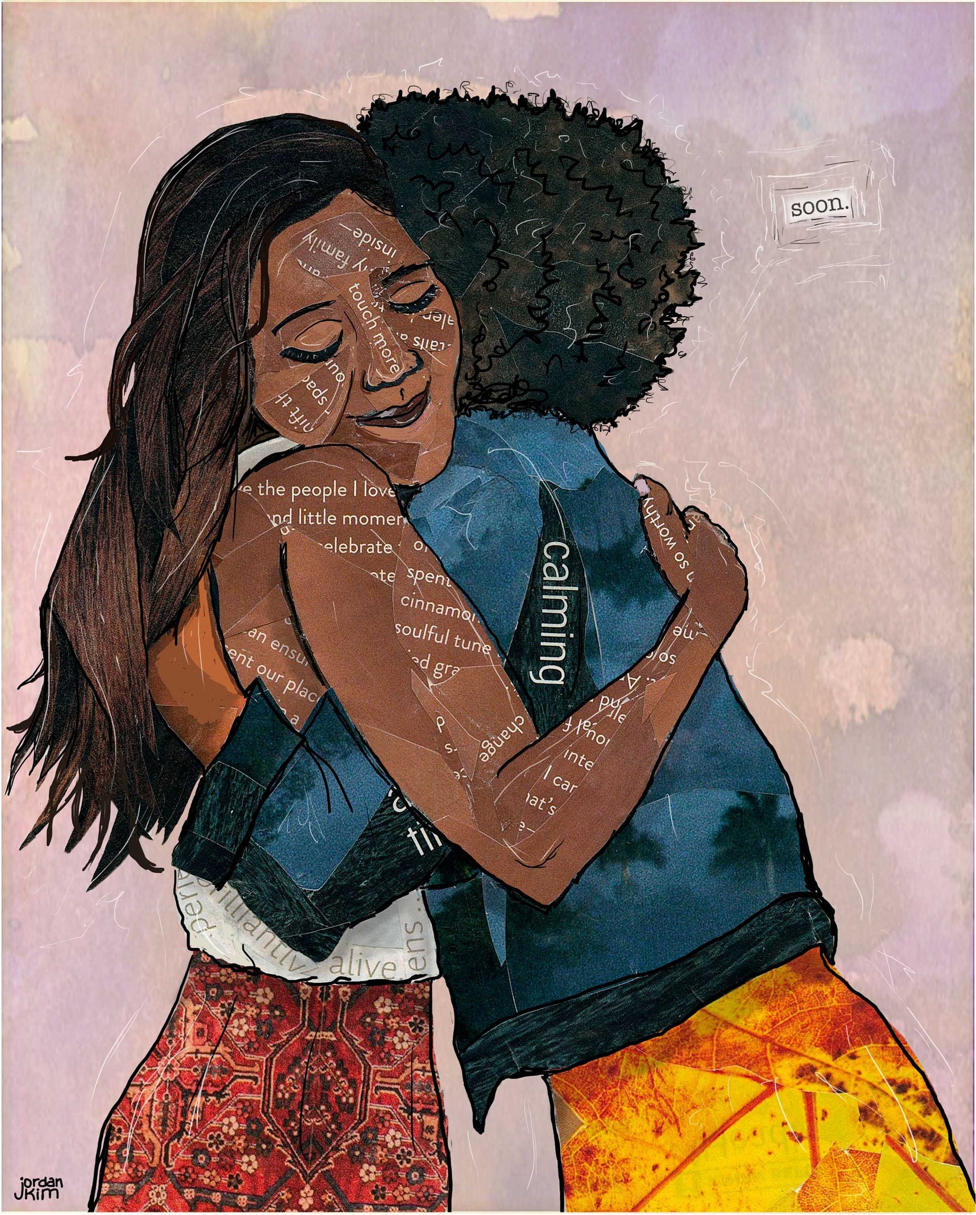 8x10 Art print of a Paper Collage of two women hugging, girlfriends, friendship, hug, pandemic art, connection -Wall Art