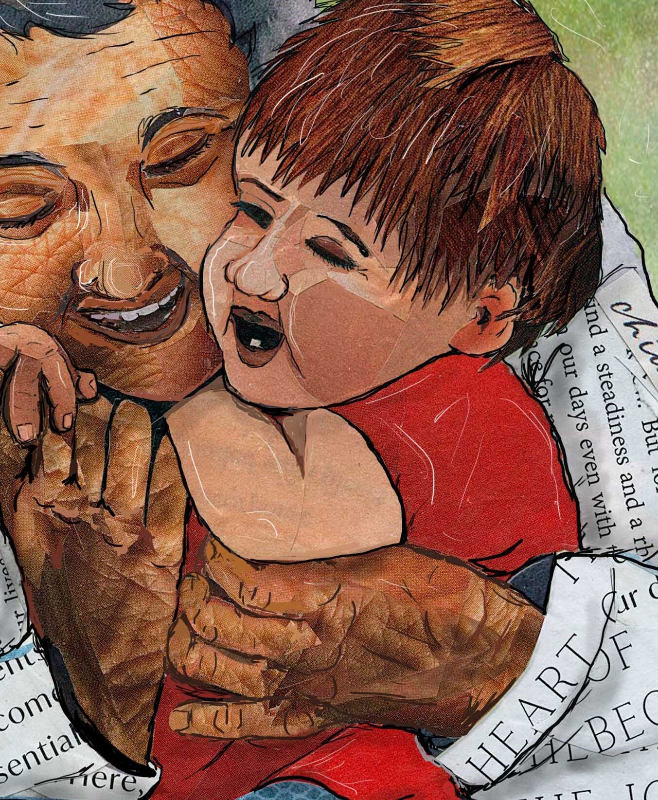Greeting Card of a Paper Collage of a grandmother hugging a toddler, love, grandma hug, elderly, pandemic art, connection - Blank Inside