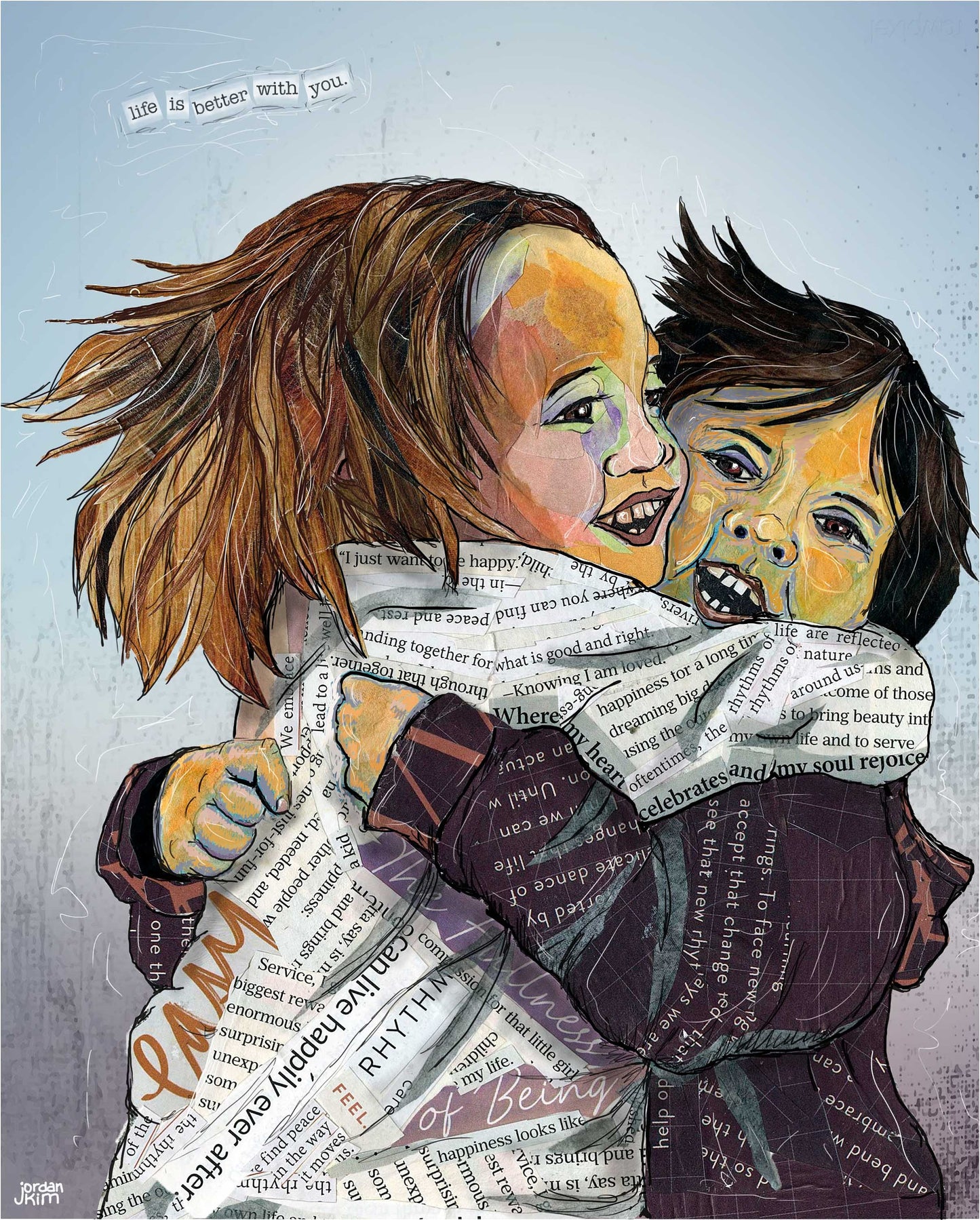8x10 Art print of a Paper Collage of two children giving each other a hug, kid hug, friends, childhood, pandemic art, connection - Wall Art