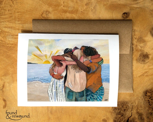 Greeting Card of a Paper Collage of a group of friends hugging at the beach, ocean group hug, pandemic art, connection - Blank Inside