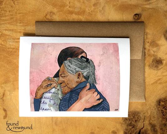 Greeting Card of a Paper Collage of an elderly woman hugging her daughter, mother, daughter, mom, pandemic art, connection - Blank Inside