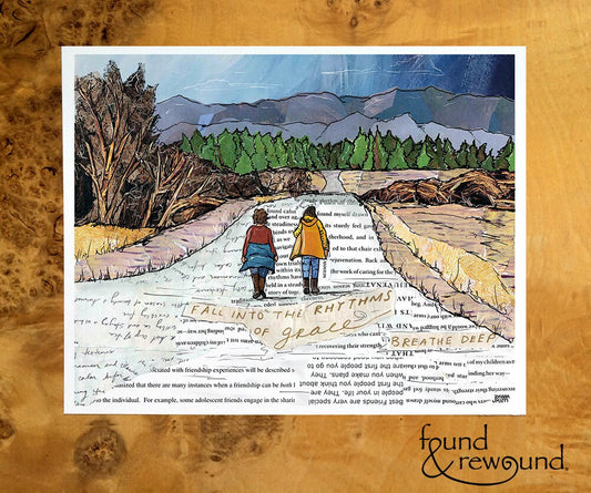 8x10 Art print of a Paper Collage of friends walking on a country road, pandemic art, connection, friendship, gift, nature, walk - Wall Art