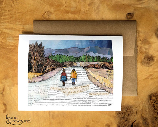 Greeting Card of a Paper Collage of friends walking on a country road, pandemic art, connection, friendship, nature, walk - Blank Inside