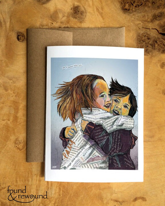 Greeting Card of a Paper Collage of two children giving a hug, kid hug, friends, childhood, pandemic art, connection - Blank Inside