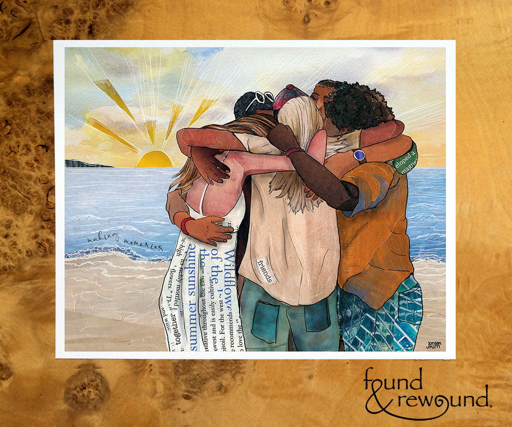 8x10 Art print of a Paper Collage of a group of friends hugging at the beach, ocean group hug, pandemic art, connection - Wall Art