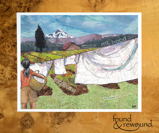 8x10 Art Print of a woman hanging laundry on a clothesline near Mt. Hood - Order a Custom Design for Your Home Town! - Great Custom Gift!