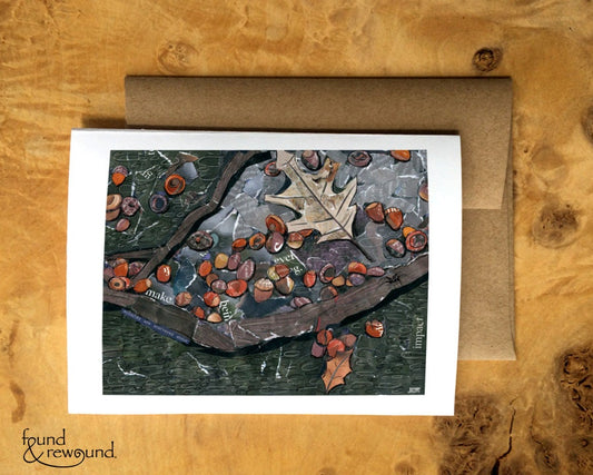 Greeting Card of a mixed media collage of acorns among burned tree roots, spider, fall, autumn, leaves- Blank inside