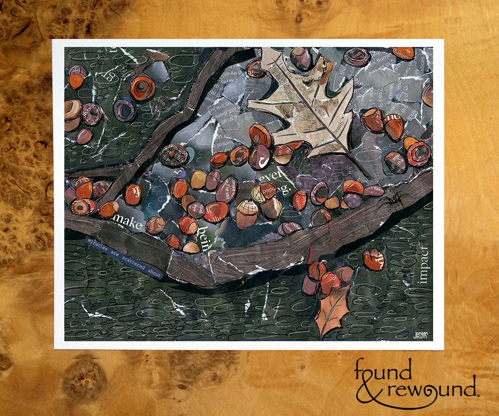 8x10 Art Print of a mixed media collage of acorns among burned tree roots, spider, fall, autumn, leaves