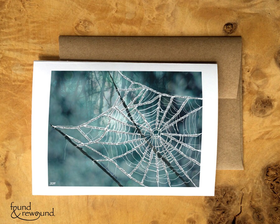 Greeting Card of a mixed media collage of a spider web made up of text about spiders, Halloween, autumn,- Blank inside