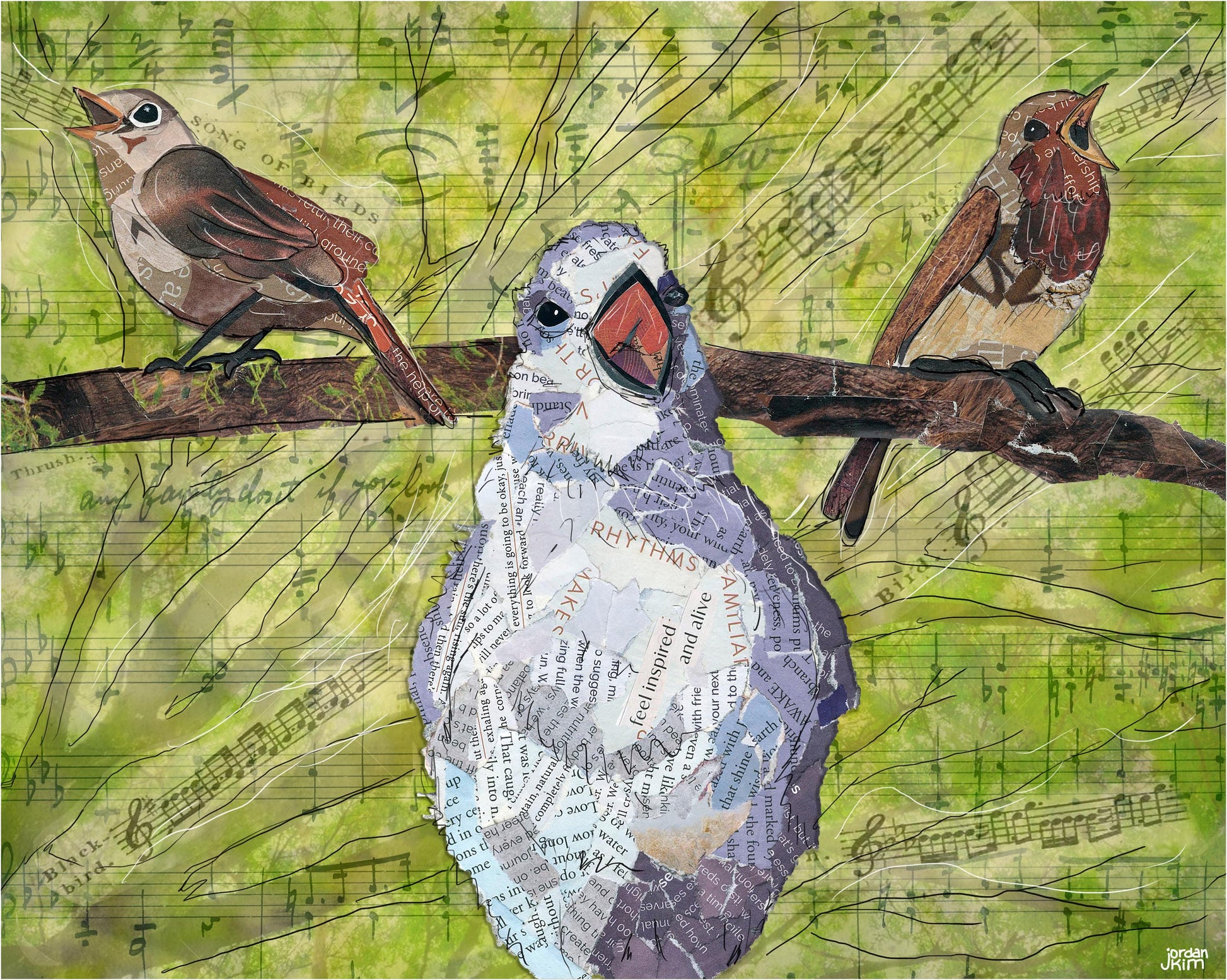 Greeting Card of a mixed media collage of birds singing in the tree branches made of sheet music - green, music - blank inside
