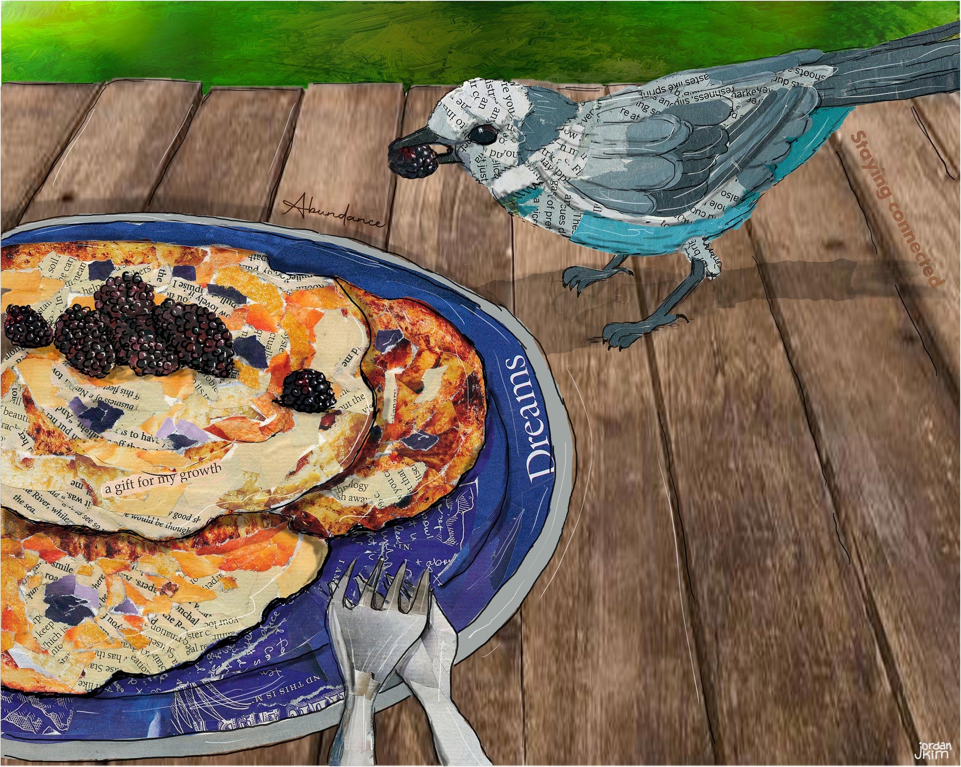 8x10 Art Print of a mixed media collage of a grey jay stealing a blackberry from a camper's pancakes