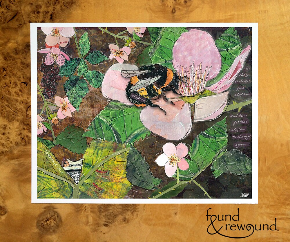 8x10 Art Print of a mixed media collage of a bumble bee pollenating blackberry flowers, frog hiding among leaves