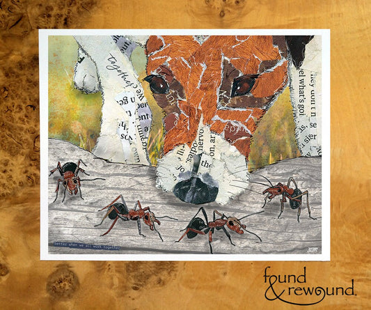 8x10 Art Print of a mixed media collage of a dog sniffing some ants marching along a log, inspiration phrase