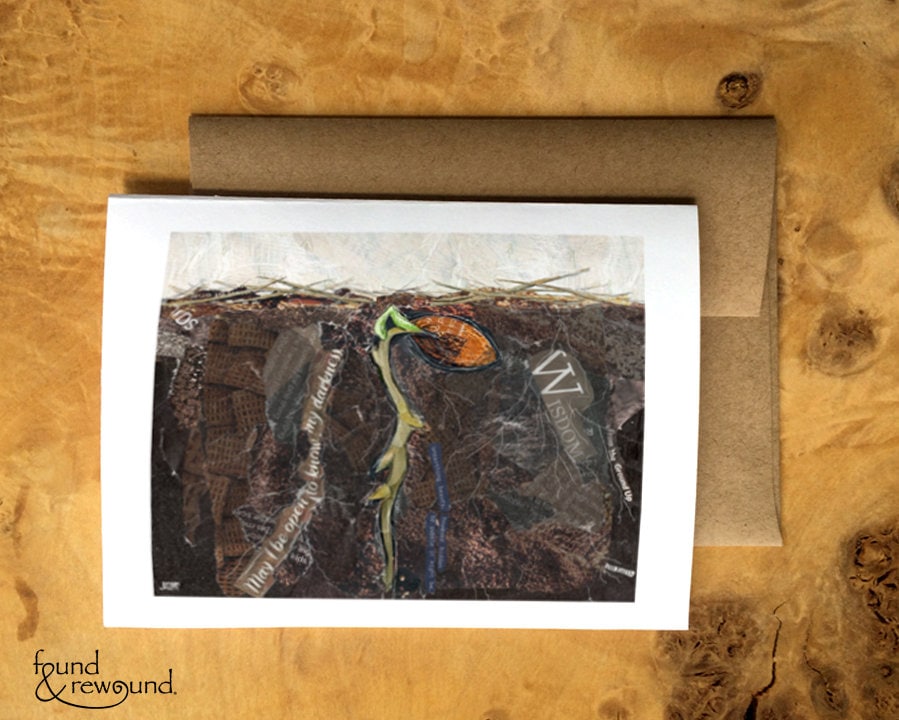 Greeting Card of a mixed media collage of an acorn sprouting underground with snow above the soil surface, inspirational text - blank inside