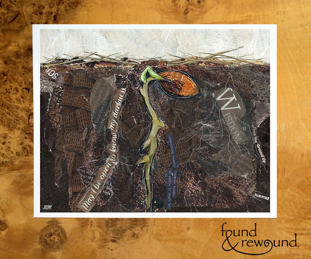 8x10 Art Print of a mixed media collage of an acorn sprouting underground with snow above the soil surface, inspirational text