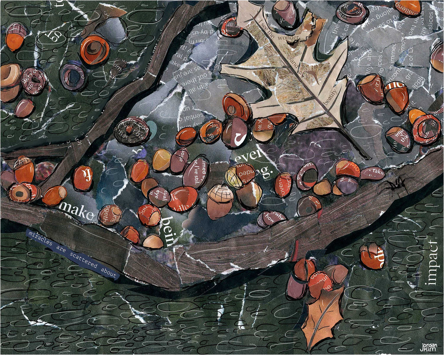 Greeting Card of a mixed media collage of acorns among burned tree roots, spider, fall, autumn, leaves- Blank inside