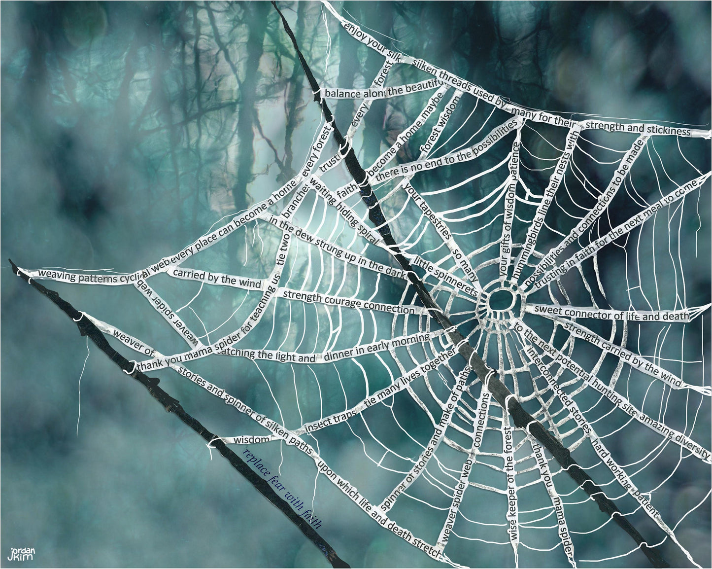 8x10 Art Print of a mixed media collage of a spider web made up of text about spiders, Halloween, autumn