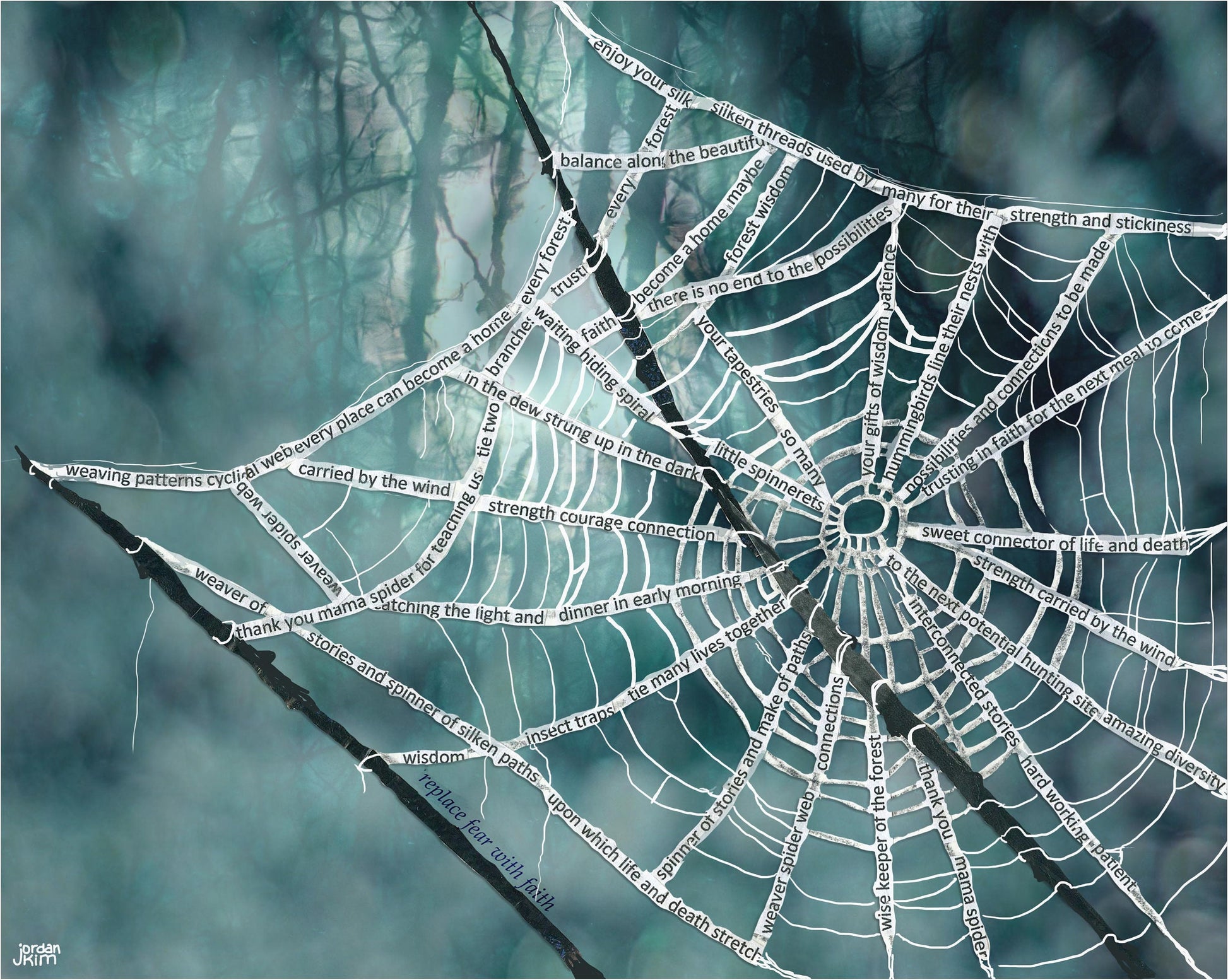 8x10 Art Print of a mixed media collage of a spider web made up of text about spiders, Halloween, autumn
