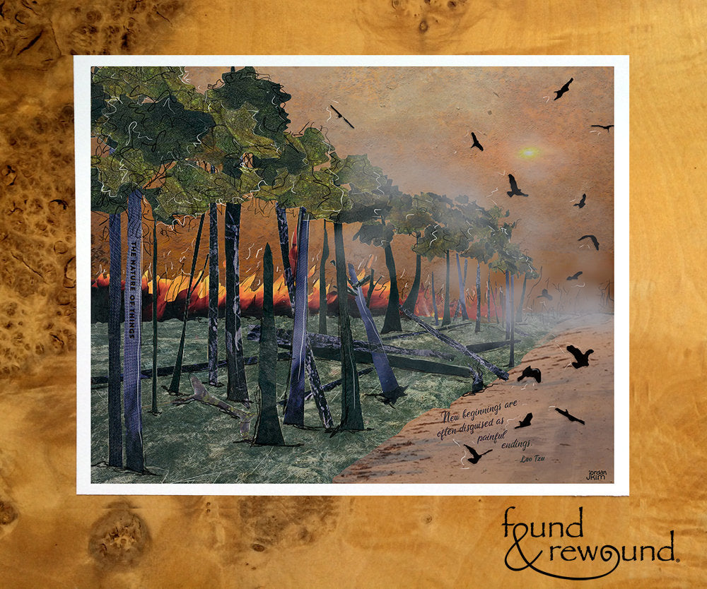 8x10 Art Print of a mixed media collage of birds fleeing from a fire with Lao Tsu quote, new beginnings