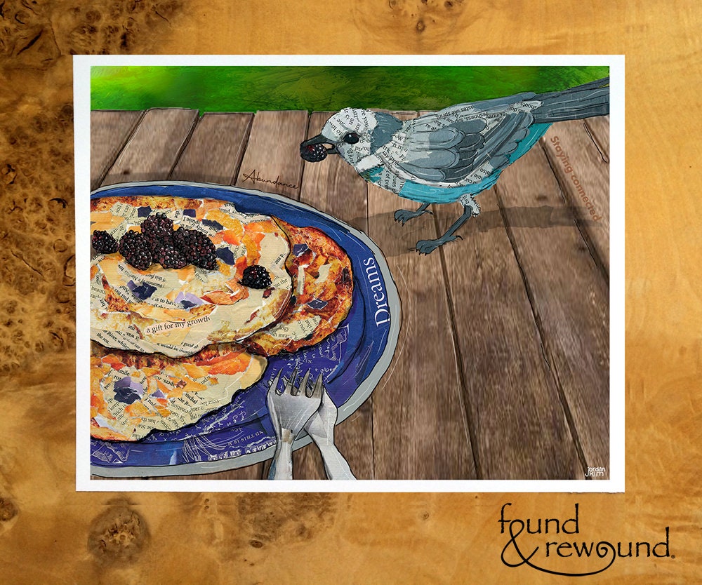 8x10 Art Print of a mixed media collage of a grey jay stealing a blackberry from a camper's pancakes