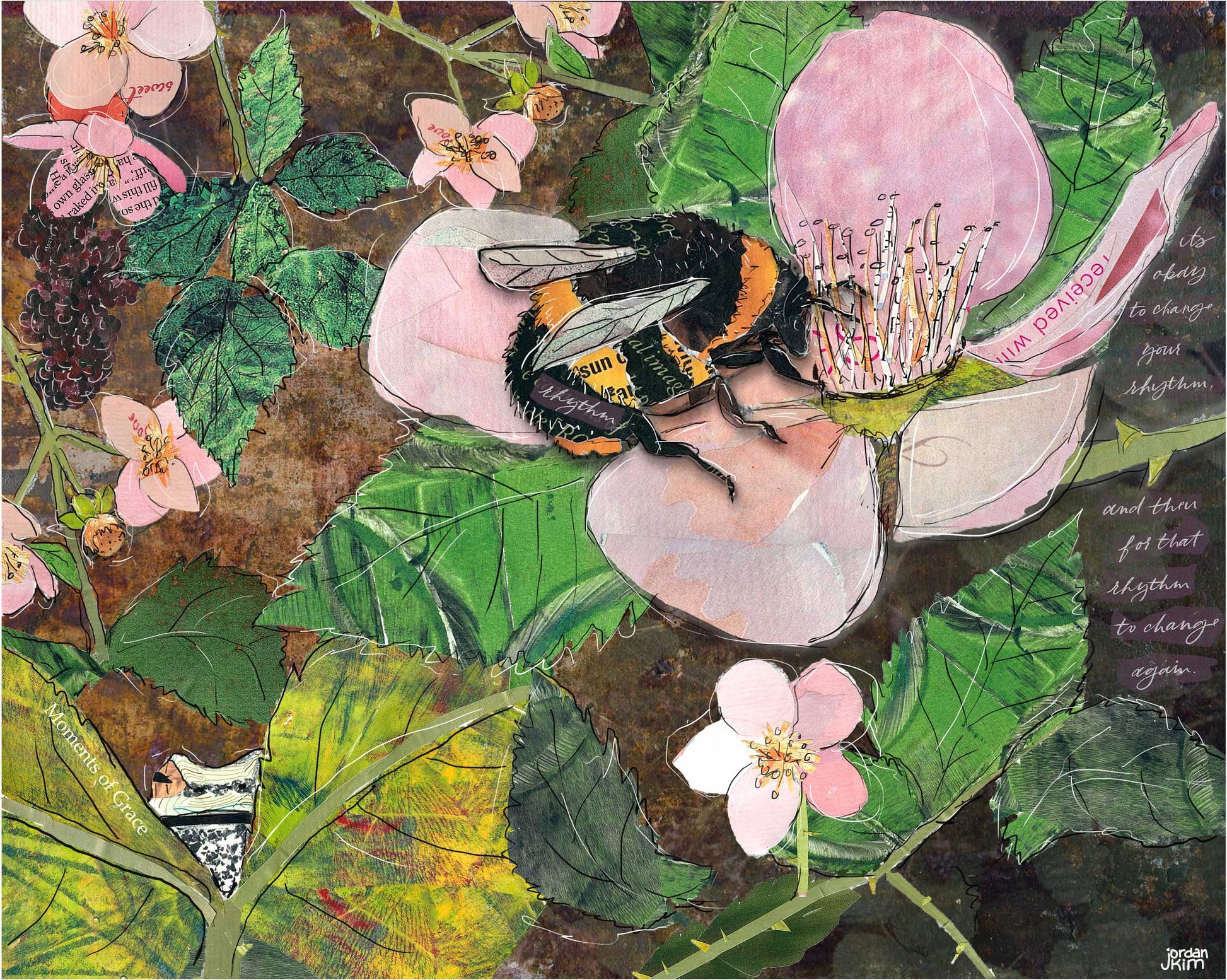 Greeting Card of a mixed media collage of bumble bee pollenating blackberry flowers, frog hiding among leaves - blank inside