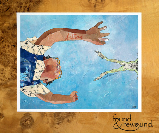 8x10 Art Print of a mixed media collage of a child reaching for a leaping frog, seen from below, blue sky