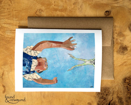 Greeting Card of a mixed media collage of a child reaching for a leaping frog, seen from below, blue sky - blank inside