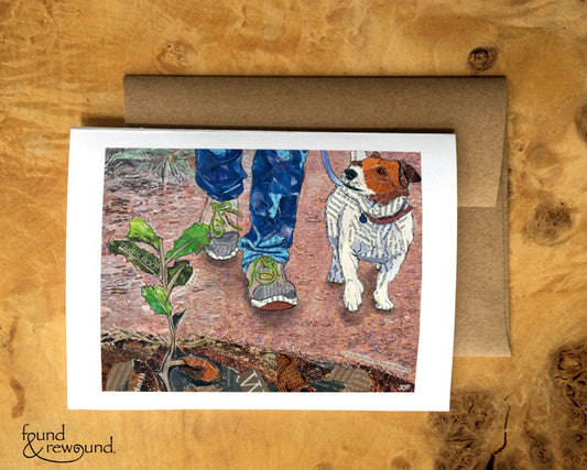 Greeting Card of a mixed media collage of a person walking a dog with an oak seedling in the foreground, inspirational text - blank inside