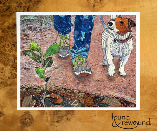 8x10 Art Print of a mixed media collage of a person walking a dog along a path with an oak seedling in the foreground, inspirational text