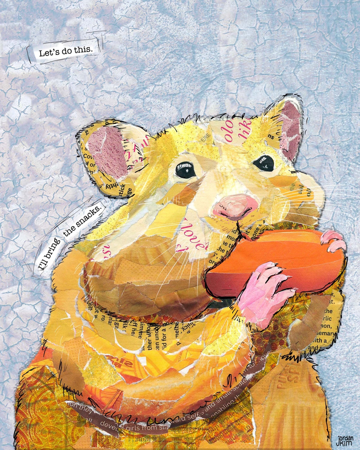 Greeting Card of mixed media collage of a blond Hamster, pets, snacks, funny text outside, Blank Inside