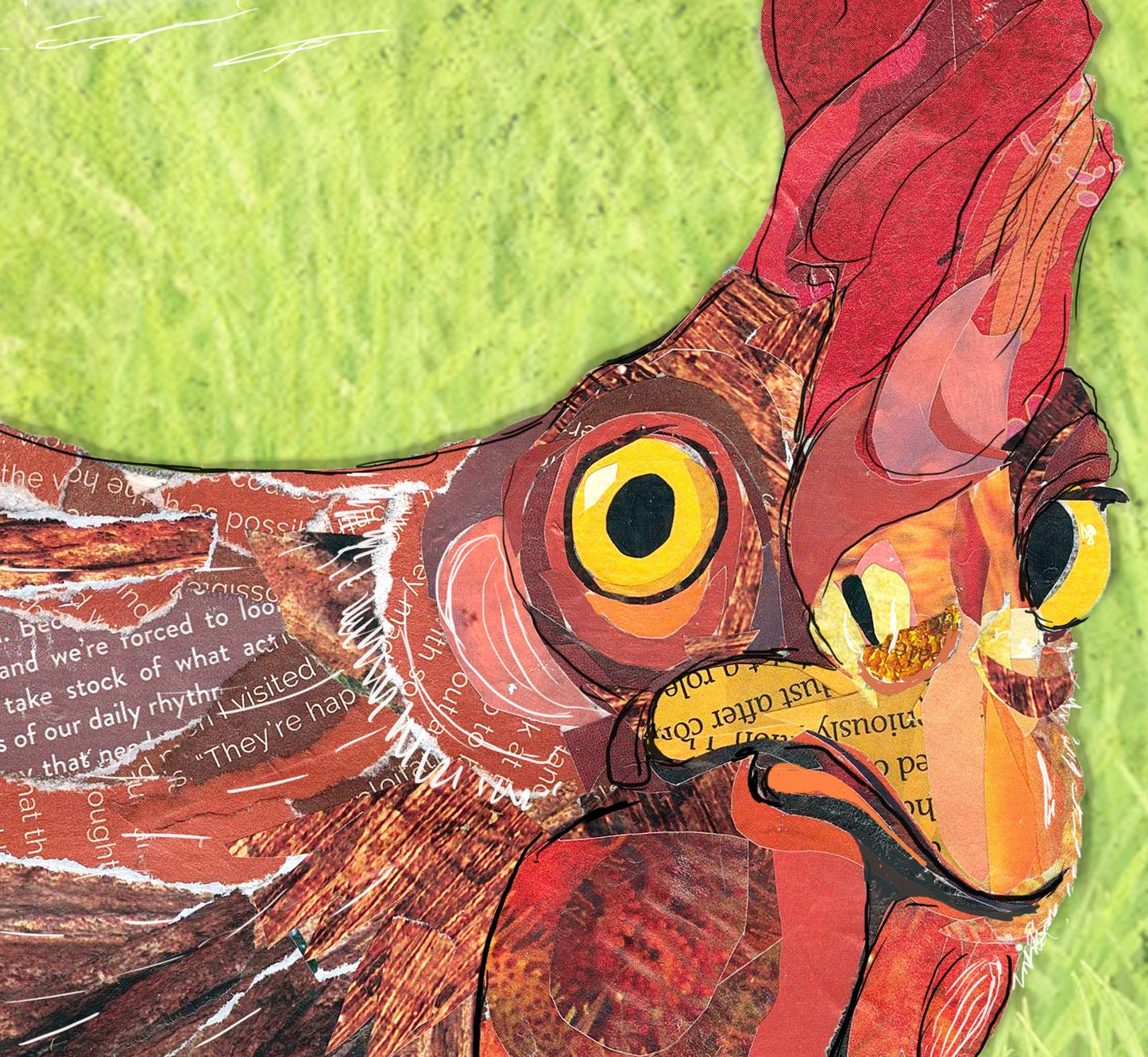 Greeting Card of mixed media collage of a chicken, pets, face, funny text outside, Blank Inside