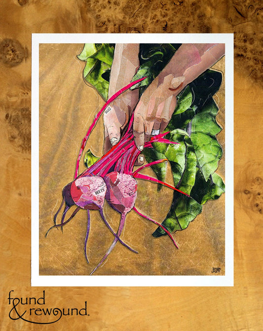 8x10 Art Print of a mixed media collage of hands pulling beets from soil, garden, farming