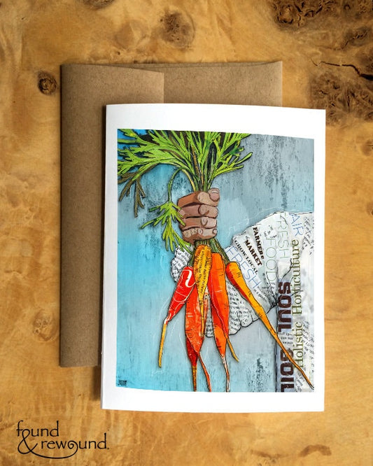 Greeting Card of mixed media collage of a hands holding carrots, gardening, farming - Blank Inside