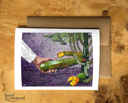 Greeting Card of mixed media collage of a person picking zucchini, gardening, farming - Blank Inside
