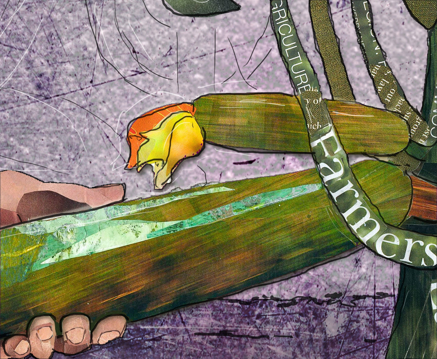8x10 Art Print of a mixed media collage of person picking zucchini, garden, farming