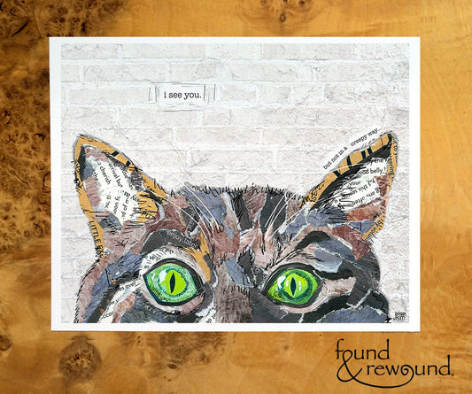 8x10 Art Print of a mixed media collage of a Cat, pets, green eyes - funny text