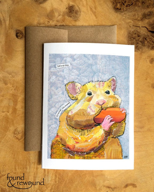 Greeting Card of mixed media collage of a blond Hamster, pets, snacks, funny text outside, Blank Inside