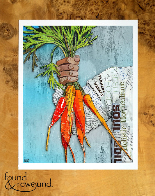 8x10 Art Print of a mixed media collage of hands holding carrots, garden, farming