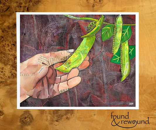 8x10 Art Print of a mixed media collage of hands picking snap peas, garden, farming