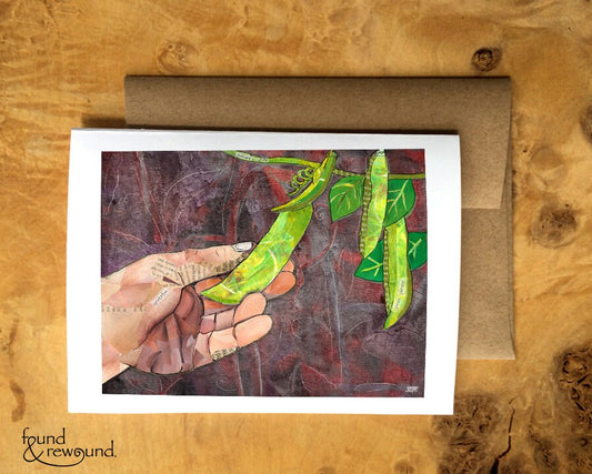 Greeting Card of mixed media collage of a hands picking snap peas, gardening, farming - Blank Inside