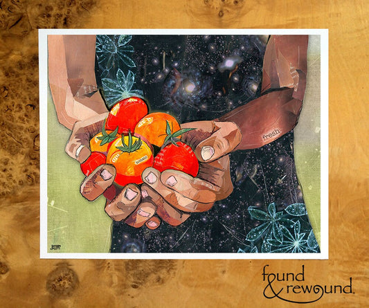 8x10 Art Print of a mixed media collage of hands holding tomatoes, garden, farming