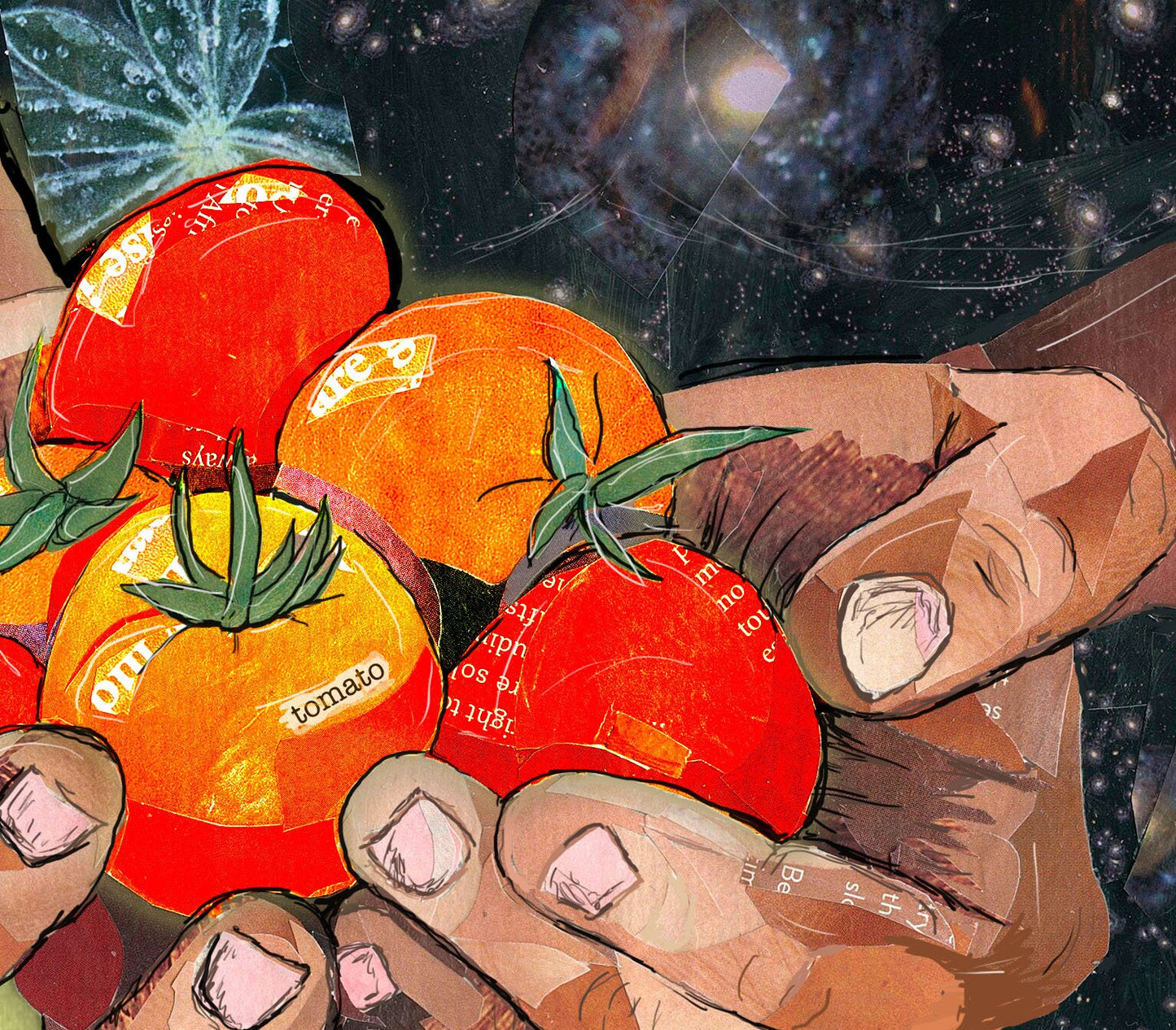 8x10 Art Print of a mixed media collage of hands holding tomatoes, garden, farming