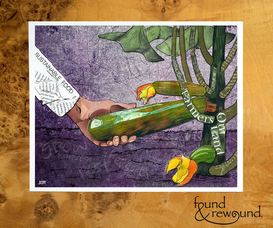 8x10 Art Print of a mixed media collage of person picking zucchini, garden, farming