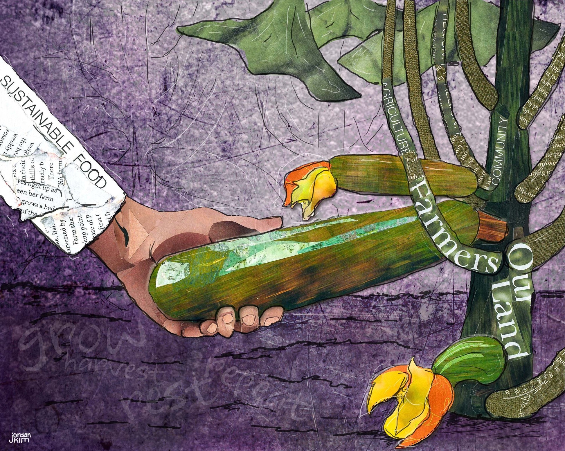 8x10 Art Print of a mixed media collage of person picking zucchini, garden, farming