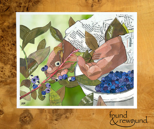 8x10 Art Print of a mixed media collage of person picking blueberries, garden, farming, farm labor